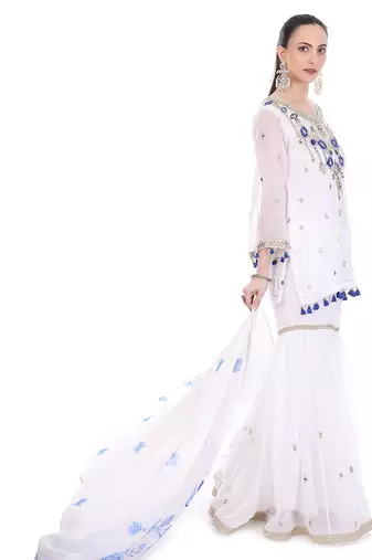white organza sharara set with mirror embroidery