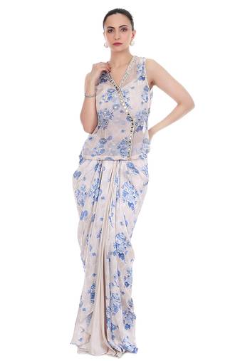 Blue White Sleeveless Jacket with Bustier & Drape Skirt