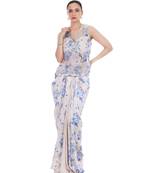 Blue White Sleeveless Jacket with Bustier & Drape Skirt