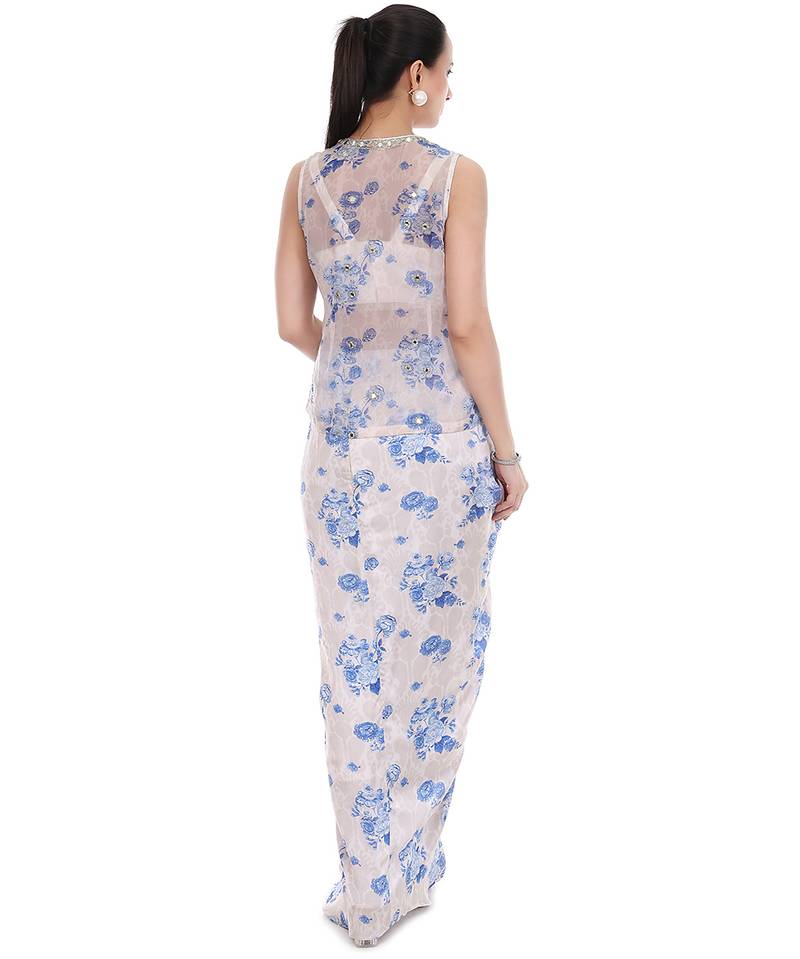 Blue White Sleeveless Jacket with Bustier & Drape Skirt