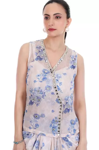 blue organza co ord set with floral embroidery