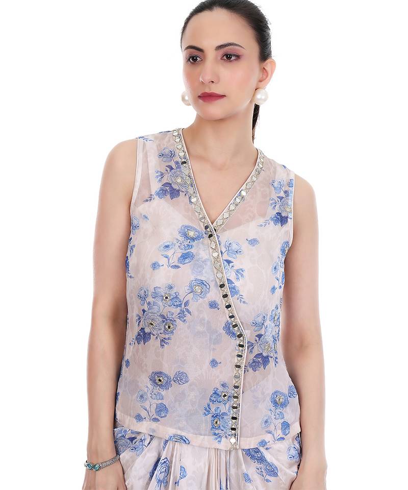 Blue White Sleeveless Jacket with Bustier & Drape Skirt