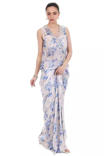 blue organza co ord set with floral embroidery