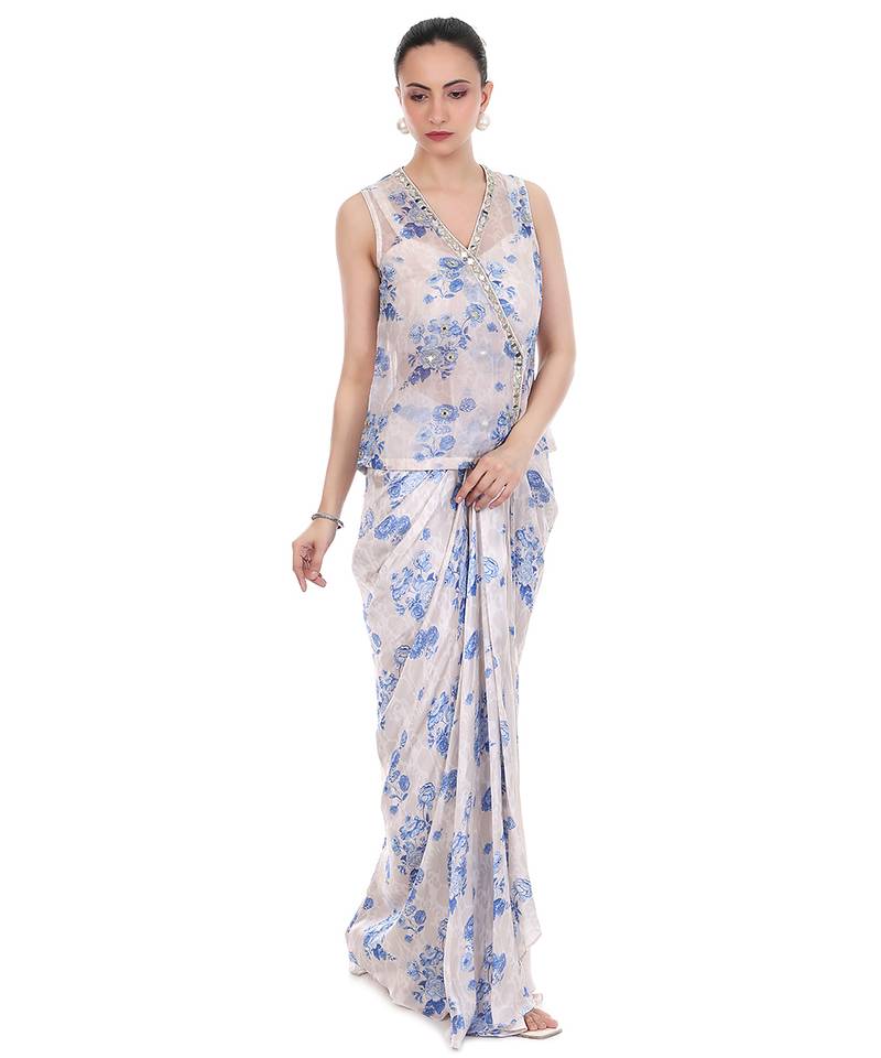 Blue White Sleeveless Jacket with Bustier & Drape Skirt