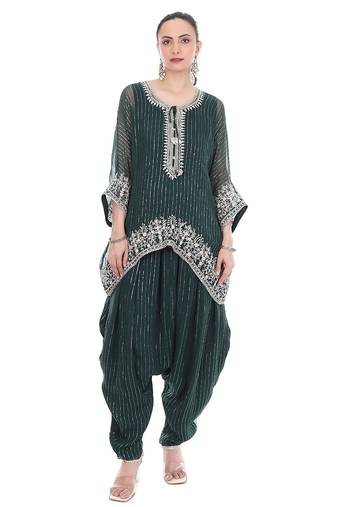 Green Embroidered High Low Kaftaan with Heram Pants