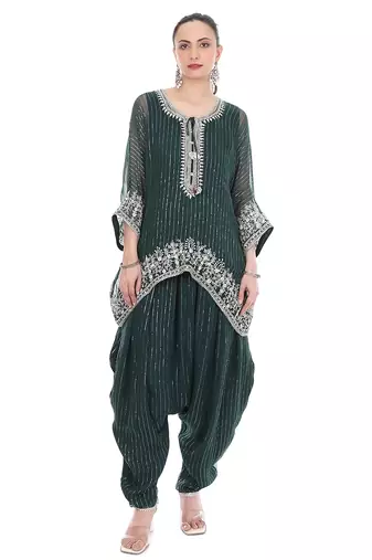 Green Embroidered High Low Kaftaan with Heram Pants