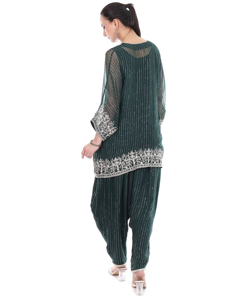Green Embroidered High Low Kaftaan with Heram Pants
