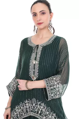 green tissue kaftan with embroidered zari work