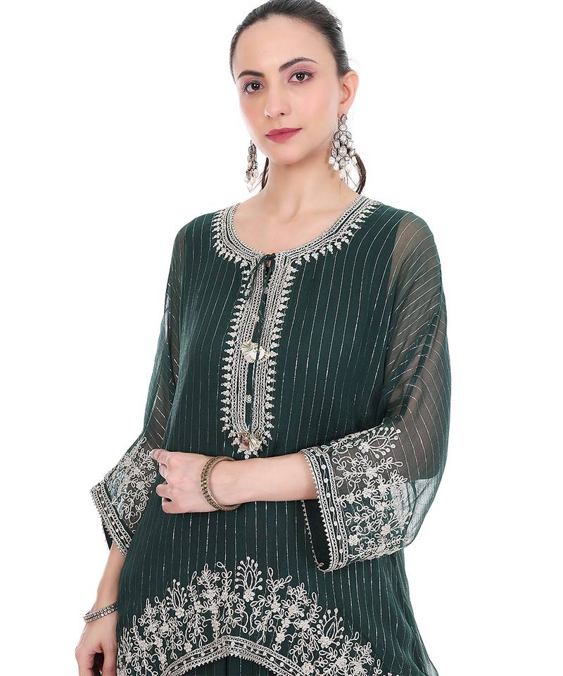 Green Embroidered High Low Kaftaan with Heram Pants
