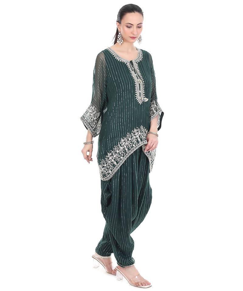 Green Embroidered High Low Kaftaan with Heram Pants