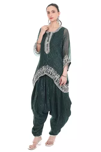 green tissue kaftan with embroidered zari work