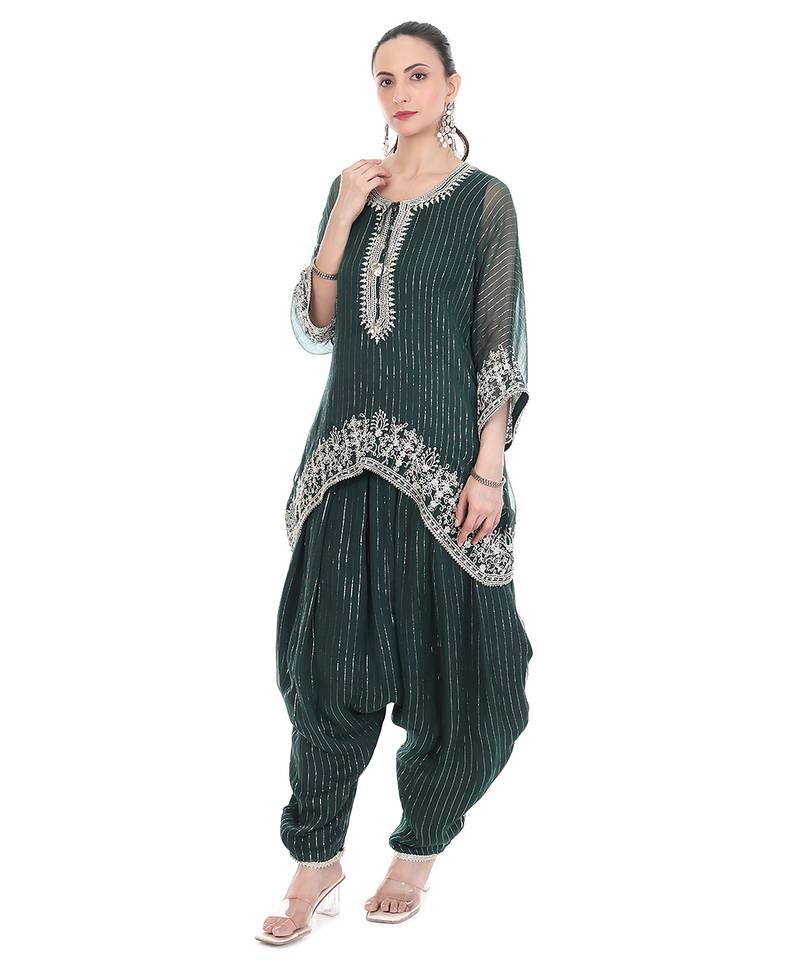 Green Embroidered High Low Kaftaan with Heram Pants