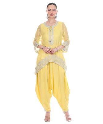 yellow tissue kaftan with zari embroidered work 1
