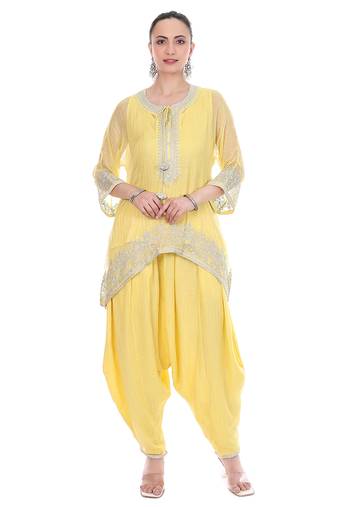 Yellow Embroidered High Low Kaftaan with Heram Pants