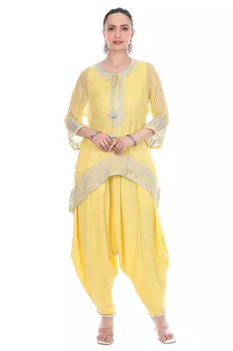 Yellow Embroidered High Low Kaftaan with Heram Pants