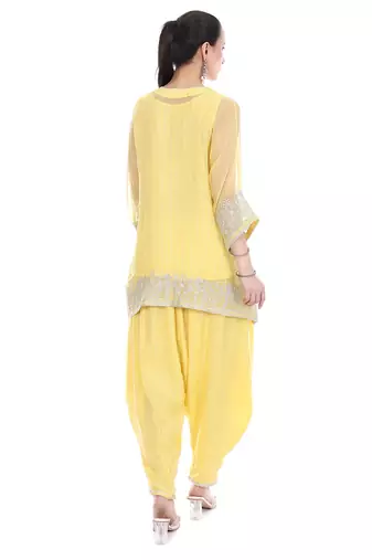 yellow tissue kaftan with zari embroidered work