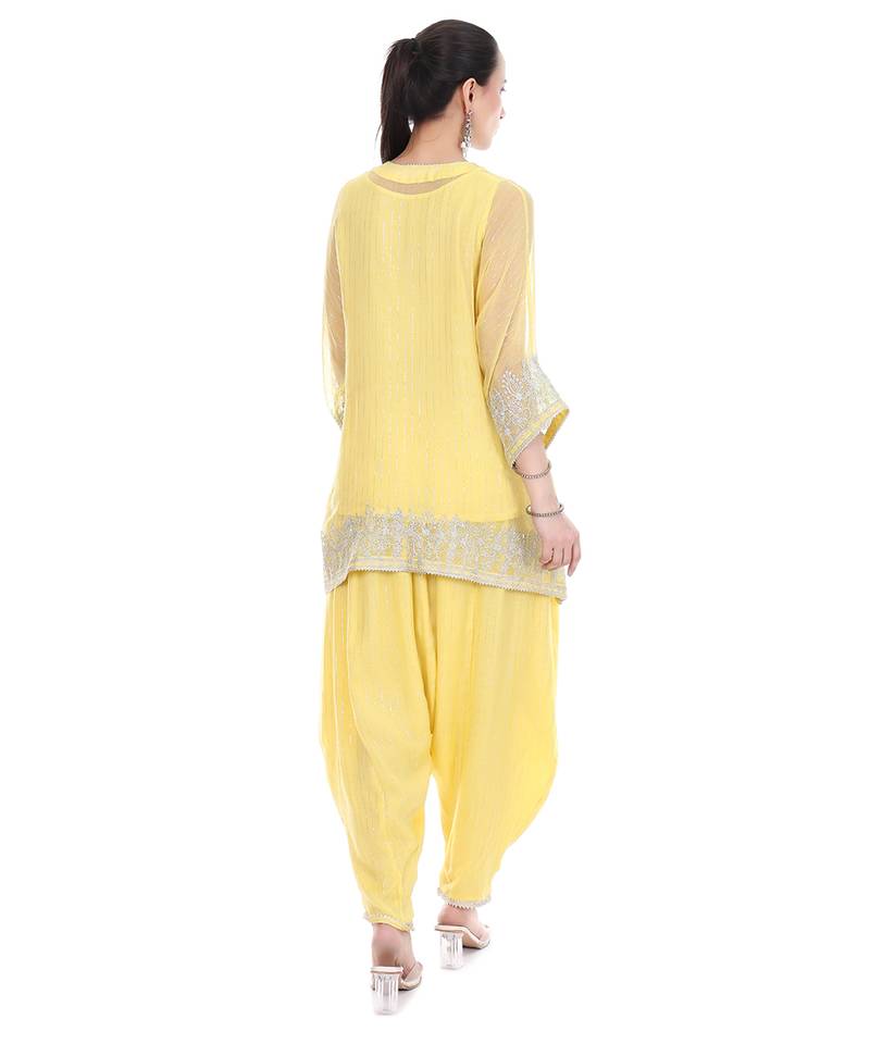 Yellow Embroidered High Low Kaftaan with Heram Pants