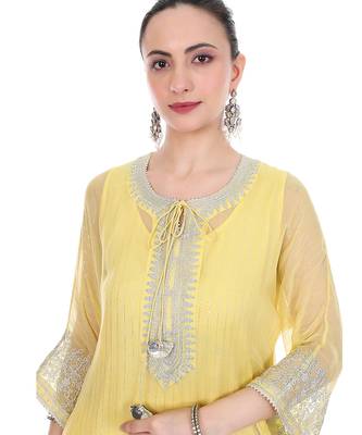 yellow tissue kaftan with zari embroidered work 3