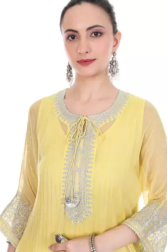 yellow tissue kaftan with zari embroidered work