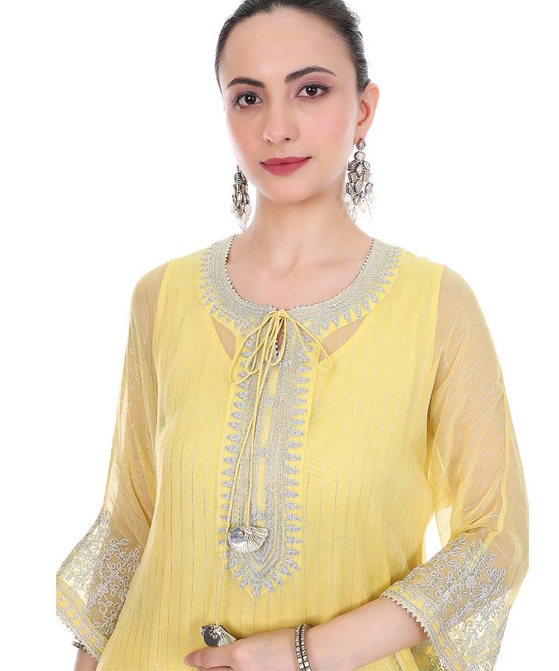 Yellow Embroidered High Low Kaftaan with Heram Pants