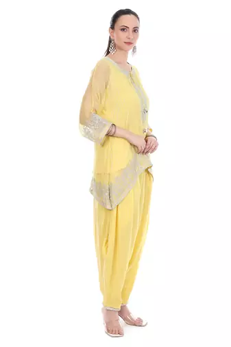 yellow tissue kaftan with zari embroidered work