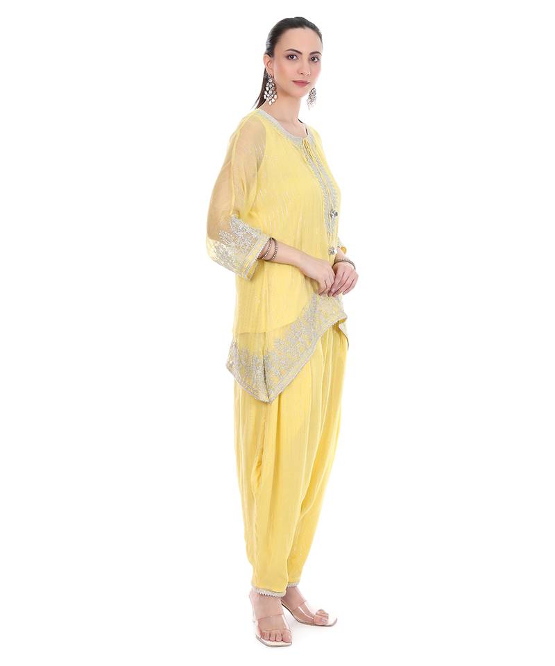 Yellow Embroidered High Low Kaftaan with Heram Pants