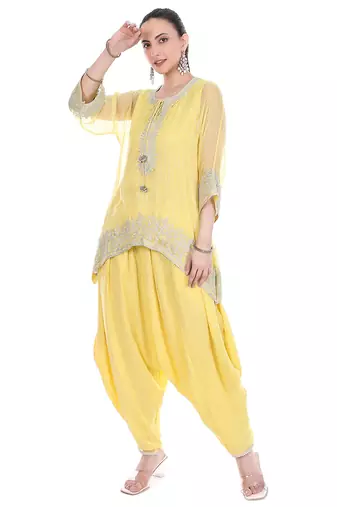 yellow tissue kaftan with zari embroidered work