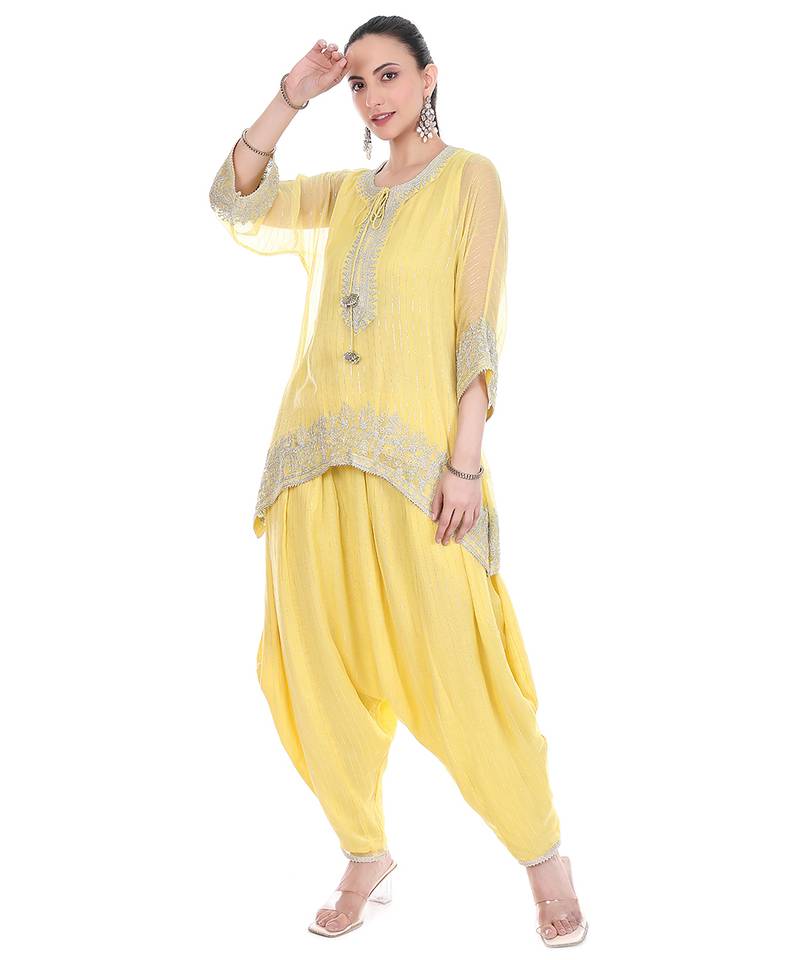 Yellow Embroidered High Low Kaftaan with Heram Pants
