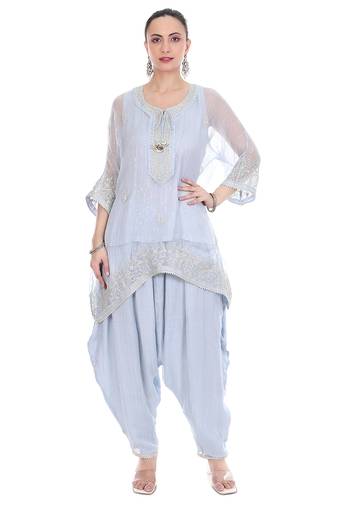 Blue Embroidered High Low Kaftaan with Heram Pants