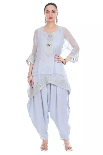 Blue Embroidered High Low Kaftaan with Heram Pants