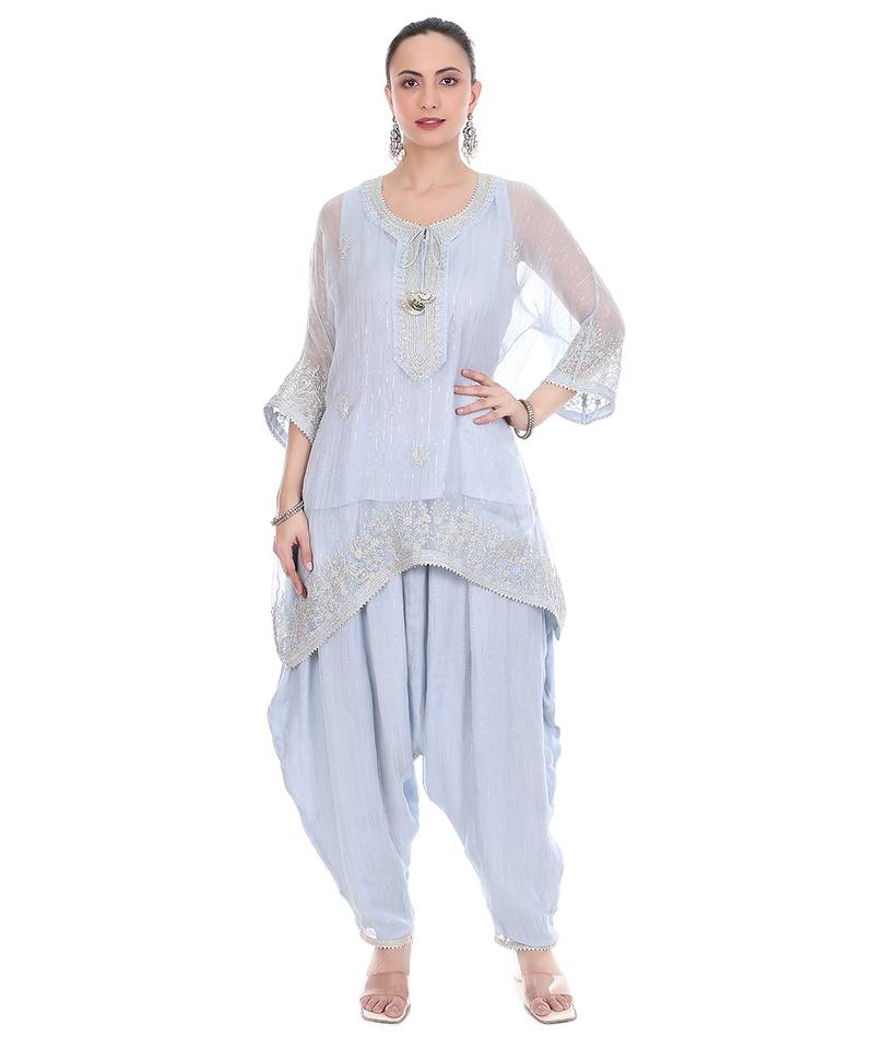 Blue Embroidered High Low Kaftaan with Heram Pants