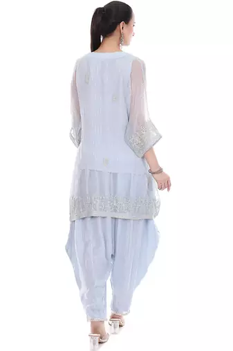 blue tissue kaftan with embroidered zari work