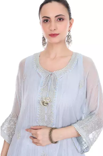 blue tissue kaftan with embroidered zari work