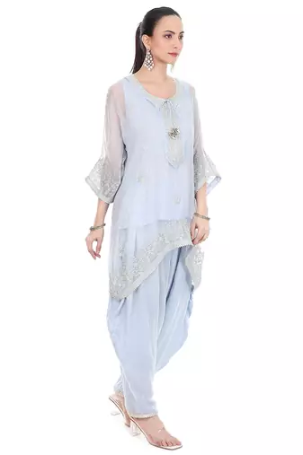 blue tissue kaftan with embroidered zari work