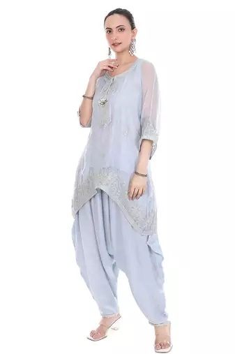 blue tissue kaftan with embroidered zari work