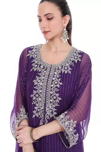 purple tissue kaftan with zari embroidered work