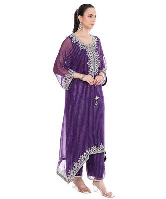 purple tissue kaftan with zari embroidered work 4