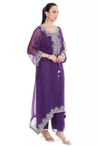 purple tissue kaftan with zari embroidered work