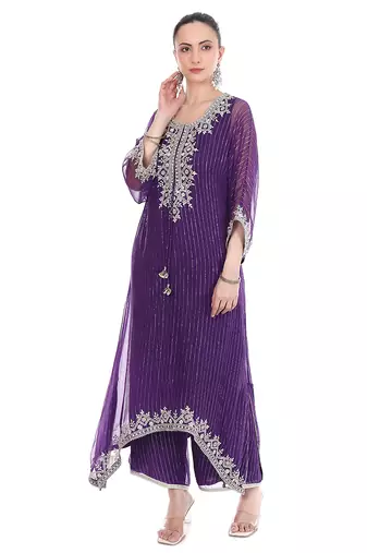purple tissue kaftan with zari embroidered work