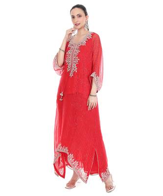 red tissue kaftan with embroidered zari work 1