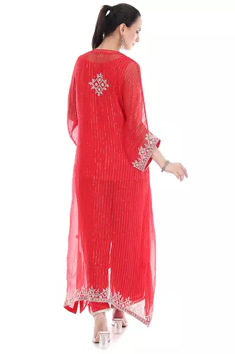 red tissue kaftan with embroidered zari work