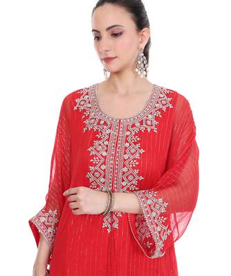 red tissue kaftan with embroidered zari work 3