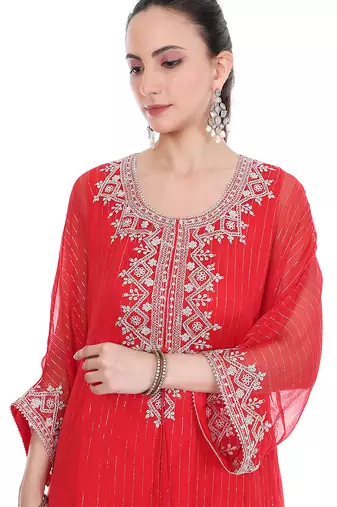 red tissue kaftan with embroidered zari work