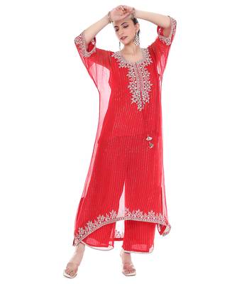 red tissue kaftan with embroidered zari work 4