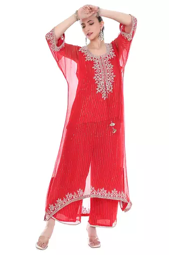red tissue kaftan with embroidered zari work