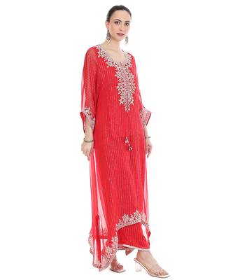 red tissue kaftan with embroidered zari work 5