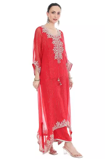 red tissue kaftan with embroidered zari work