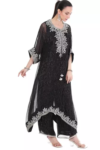 black tissue kaftan with embroidered zari work