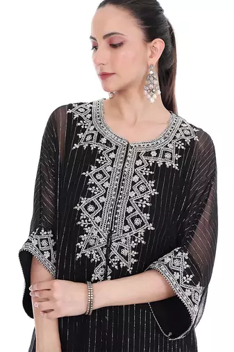 black tissue kaftan with embroidered zari work