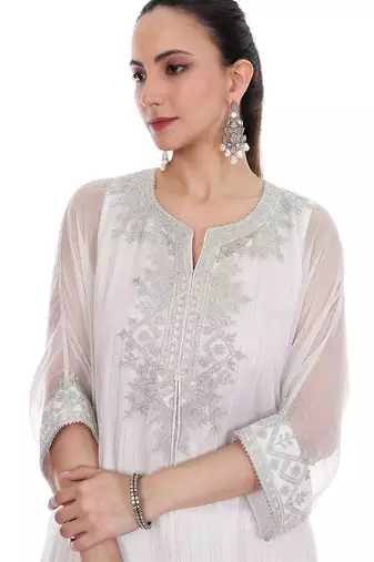 white tissue kaftan with embroidered zari work